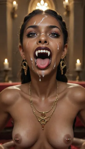 Queen of the damned, (full body shot:1.4), mature elegant vampire woman kneel showing her long fangs, (african:1.5), (perfect bleached teeth), (long vampire fangs:1.5), slim, black skin, (brown eyes), bedroom eyes, exhausted, (serious), (black lips), very long black braided hair, (sharp facial features:1.5), gold ancient jewelry, necklace, ancient temple, altar, candles, at midnight, (dark scene:1.5), submissive, devot, red carpet, (mouth open), (perfect tongue stuck out), head on the neck, (leaned back:1.6), (presents her pussy), (cum on face), cum on tits, small perfect breast, nipple piercings, very long eyelashes, eyeliner, eyeshadow, mascara, tears, ruined makeup, eye contact, cum in mouth, trimmed pubic hair, view from side, realistic photography, 8k, soft focus, cinematic lighting Perfect, but, <lora:usual-portrait-v2:2>, <lora:detailer-xl:2>, <lora:BUT_SDXL_SHS:2>, <lora:Voe_Doe:2>