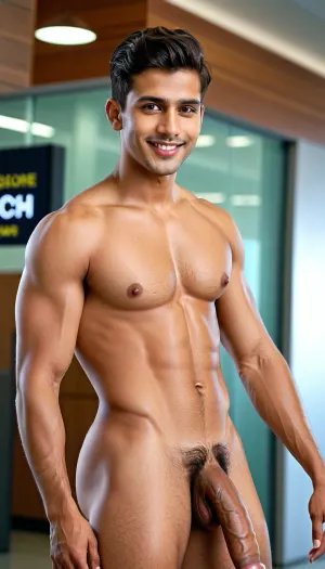 pointing his large circumcised penis at viewer in a low camera angle actions scene, big testicles, very ruggedly handsome and slim fit twink, high taper fade with a comb over and big smile, desi Indian ethnicity, nice biceps, enormous juicy ass, excessive sweat, 8K, HD, amazing quality, (photorealistic:1.2), masterpiece, best quality, hyper detailed, ultra detailed, Seductive eyes, masculine, short haired face, bigger areolas, foreground objects dust and volumetric lighting, low cinematic lighting, realistic anatomy, airport tsa line, Full body view, <lora:!action-sdxl-V0.5:1>, <lora:xpenis-1.5e:1>, <lora:SDXLHighDetail_v6-000005:1>