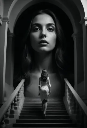 Create a highly detailed black-and-white optical illusion that plays with extreme perspective shifts and bold contrasts. At the center of the illusion, integrate a 22-year-old, breathtakingly beautiful woman with harmonious, symmetrical facial features and naturally flowing hair. Her figure should be seamlessly embedded into the illusion so that, from one angle or viewing distance, she appears clearly as a realistic woman, while from another angle she dissolves into an abstract architectural structure. Use sharp contrast lines, impossible geometry, and Escher-like depth to create multiple layers of interpretation. The woman’s pose should be elegant and calm, as if she is part of the structure itself—her silhouette integrating smoothly into the surrounding lines, staircases, arches, or geometric pathways. The contrast between her soft, organic features and the rigid geometric environment should enhance the illusion. Ensure that light and dark areas subtly swap roles depending on the viewer’s focus, so that sometimes her face is dominant and sometimes it disappears into the shifting geometry.The final image should feel surreal, mathematically precise, visually hypnotic, and perfectly balanced so that a viewer cannot immediately distinguish figure from environment.