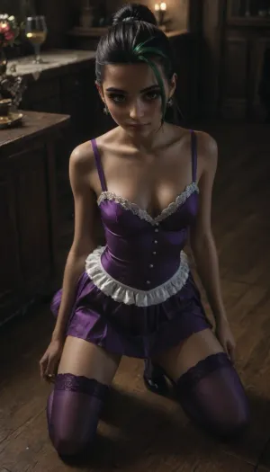 (((Nemona from pokemon is my date to prom))), ((19 year old incredibly sexy with athletic petite body, defined feminine curves, hourglass waist)), (black hair pulled up into a fancy hairdo with 3 green streaks hanging down in her face), (piercing hazel eyes looking at the viewer with an excited smile for the dance), (her breasts are medium and round), (she is wearing an elegant prom dress that is deep purple in color, the dress shows some cleavage but maintains her modesty, it is knee length and accentuates her body, the dresscoveted her thighs), (((very modest prom dress))), (she is wearing purple thigh high stockings and expensive 4 inch high heels that show off her define lower legs), (she is in the dance floor, her face is sweaty with smudged makeup, the room is dark with very little light), (closeup of upper body, view from above), bioluminescent, burlesque, butterfly, cute, maid, fairy, flower, iridescent, clothing, liquid, princess, ruffled, lingerie, sailor, senshi, uniform, tennis, underbust, corset, victorian, water, crystalline, dress, cyberpunk, d4nc3, club, Close-up, shot, of, CRT, screen, <lora:xl_n15g_aio_clothing-2.0:1.2>, <lora:xl_crystalline_dress-1.0:1.4>, <lora:dark:1.3>, <lora:cyberpunk_d4nc3_club:1.4>, <lora:crt_sdxl:1.2>