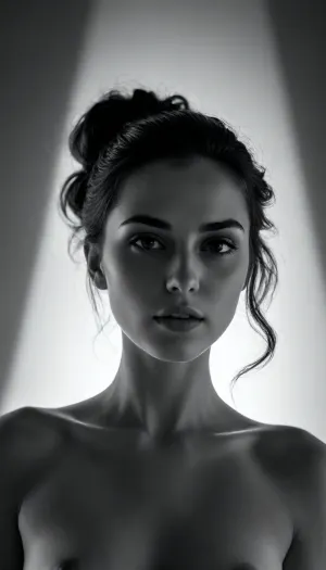 Create a striking black-and-white optical illusion based entirely on dramatic lighting, sculpted shadows, and smooth gradients. The central element is a 22-year-old, stunningly beautiful woman whose presence emerges from the interplay of light and darkness. Her appearance should be partially real and partially suggested, from one perspective, her face and body are clearly visible, but from another, they dissolve into abstract shadow shapes that could be interpreted as different objects, animals, or patterns. Use soft, atmospheric lighting that creates fluid transitions between illuminated areas and deep shadows. The woman’s silhouette should be formed in a way that her features appear only when the viewer focuses on specific shadow clusters. Her hair, pose, and expression should radiate elegance, but without breaking the illusion—everything must feel as though it is formed naturally by shadow gradients rather than explicit outlines. The composition should evoke the feeling of a mysterious stage or a dimly lit room where the light source creates ambiguous forms on the walls. The illusion must constantly shift depending on which shadow the viewer follows, making her alternately visible, hidden, or reinterpreted as an entirely different shape.