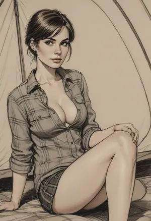 score_9, score_8_up, score_7_up, line art., ((A detailed pencil drawing with clean lines and meticulous shading)), sketch of a beautiful housewife in a camping tent, slender body, open flannel shirt and panties, very short hair, kneeling, cleavage, smiling mischievously, supermodel face, big lips, long eyelashes, handslora, soft features, and a serene expression, ((drawing have delicate shading and intricate details, capturing the essence of the subject with fine pencil strokes)), ((background is simple, allowing the focus to remain on the portrait itself)), drawing by NTY, v0ng44g, sk3tch, .8>, ratatatat74, <lora:sketch_it:1.3>, <lora:ratatatat74-000050:.8>