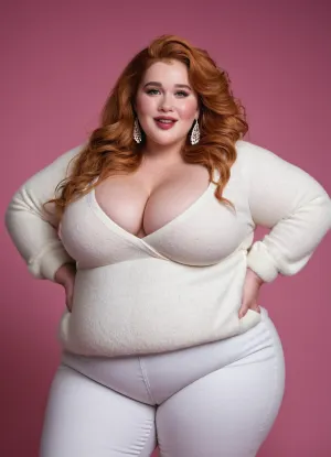 Photography, Elsa from frozen, ((oversized ssbbw)), squared jawline, and oversized wide hips. Waist, white Oversized wide fluffy sweater., (Massive fat bust), Freckles on face. Bright grey eyes, Long eyelash. Slim lips, lipstick. White jeans, Ginger wavy hair, Big earrings. Leaning backwards, sexy posing., studio lighting, amused smile, colorfully, stylish, colorful, style, bold, colors, primary, neon, perfect fingers, <lora:Colorfully_Stylish_Beta:.8>, <lora:runga_8.1-000002:.3>