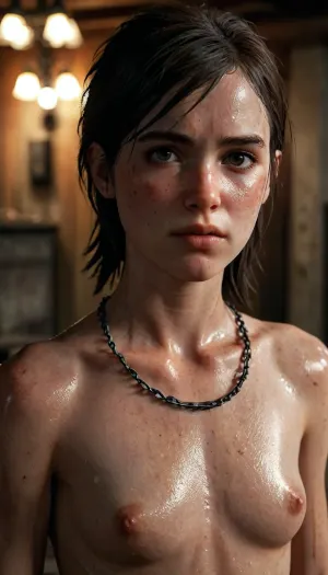 Ellie is the last of us, Hostage in the basement and in chains, on the wet floor, sweaty, naked, collar around her neck, shackles, Small tits, Small breasts, Skinny, small nipples, petite student, Sex, Erotica, ripped revealing clothes, goth, full body view, Tinymodel, young, pretty young, Young girls, 18 years old, perfect face, dark brown eyes, cute, closeup, petite body, smokey eyes, full body photo, beautiful face, fluxenh4nce, <lora:MJ52:.3>, <lora:FLUXEnh4nce:.4>, <lora:ellie:.8>