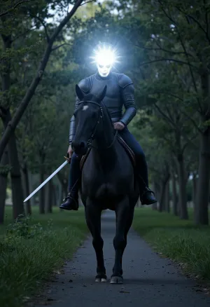 A, (headless:1.4), figure, ((a horseman without a head:1.5)), (armor without a helmet:1.6), exposing the neck, with a, (sword in his hands:1.6), radiating a ghostly aura, riding a skeletal horse, on a road in a dark forest, horror, mysticism, atey ghailan art, masterful digital painting, exquisite lighting and composition, inspired by the wlop style, 8k, crisp, highly detailed, high resolution