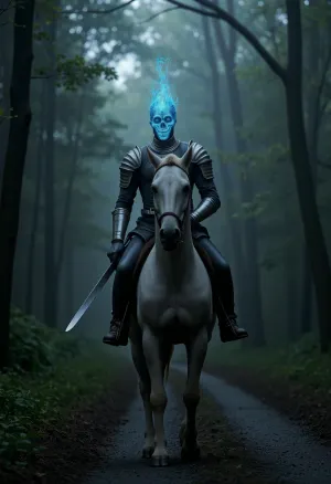 A, (headless:1.4), figure, ((a horseman without a head:1.5)), (armor without a helmet:1.6), exposing the neck, with a, (sword in his hands:1.6), radiating a ghostly aura, riding a skeletal horse, on a road in a dark forest, horror, mysticism, atey ghailan art, masterful digital painting, exquisite lighting and composition, inspired by the wlop style, 8k, crisp, highly detailed, high resolution
