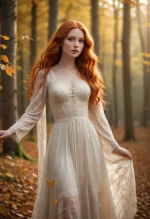 Fantasy Art, Enchanted Forest, Redhead Magic, Lost in a sunlit forest, this enchanting redhead with mesmerizing amber eyes and delicate freckles captures your gaze. Her long, flowing hair and lace-trimmed dress add a touch of fairy-tale magic. The golden light and floating leaves create a dreamy, ethereal atmosphere. /©KlTTY-ART/