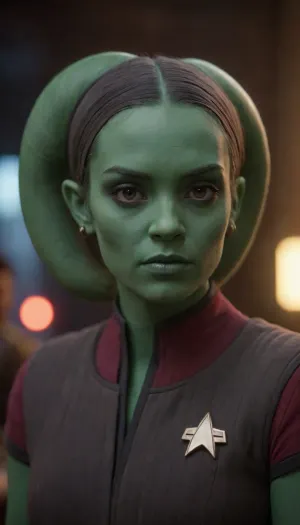 cinematic film still hera syndulla raised eyebrow at orgrimmar, medium shot, (green skin:1.2), . shallow depth of field, vignette, highly detailed, high budget Hollywood movie by martin mcdonagh, bokeh, cinemascope, moody, epic, gorgeous, film grain, grainy, Male, Twi'lek, Female, black, and, grey, ds9st, uniform, red, collar, yellow, teal, <lora:twi'lek:2>, <lora:DS9XLVGRAD3:1.2>