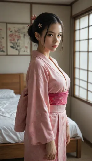 Japanese woman, beautiful, ((wearing a tight pink Japanese Kimono, hair pin ornament)), chignon hairstyle, jet black hair, medium breasts, petite, In a bedroom, standing, alone, kooo123, koooimadamio, <lora:imadamio_v1_XL:.8>