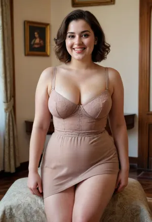 young chubby woman, With her smile, she does not lose control. In the art of her perverse game, she lifts her skirt and slowly slides her fingers to remove her thong and stretch the suspenders of her dress. She crossed her legs, moved them and lifted first one, then the other to show my mischievous instinct. In her short skirt, the lines of her curves formed at the waist and a little further towards the centre, the altar of her intimate and divine dwelling., <lora:Chubby BBW - XL:1.8>