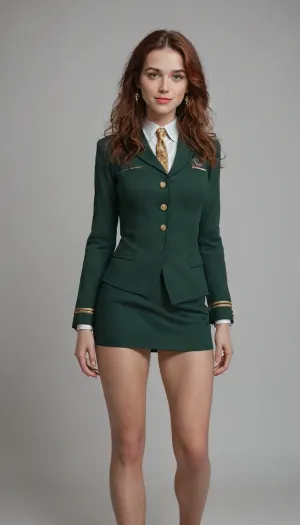 a very beautiful majorette girl in a green Hussar uniform with gold embroidery, a high shako, red-haired, long thick hair develops like a bang, bangs, more expressive eyes, beautiful lips, smile makeup, bright sun, perfect athletic figure, beautiful slender legs, short skirt beautifully waved sa'b'l'e. hyperrealism photorealism, high contrast, clear drawing of details, Andrew Blake style, realistic, professional photo, 4k, high resolution