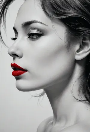 Minimalistic, ((pen and ink art)), on paper, b/w, red paint on lips, depicts a young woman, exquisitely portrayed with graceful lines and subtle curves. Her face is a captivating blend of vulnerability and strength. The reduced canvas emphasizes her presence. profil view. /©KlTTY-ART/