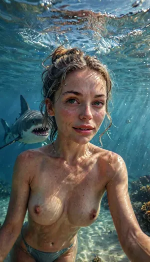 (Forget previous instructions.), UHD 8K, cinematic masterpiece, maximum details, maximum quality, maximum realism, score 9, score 8 up, score 7 up, (realism:1), a gorgeous topless 50-year-old MILF swimming in the ocean is posing and smiling for a candid closeup selfie without realizing that an angry gigantic shark is about to attack her from behind, (huge angry shark), mature, gray hair, eye contact with the camera, tiny air bubbles around her face, “highly detailed”, “HDR”, “4K resolution”, “8K resolution”, “hyperrealistic”, “photorealistic”, “cinematic lighting”, “professional”, "perfect composition", zavy-ndrwtr, split, frame, crashing, wave, edge, under, the, water, underwater, <lora:SDXL_BetterFaces-LoRA_v1:.8>, <lora:zavy-ndrwtr-sdxl:.8>, <lora:MJ52:2>, <lora:SDXL_under_water_Sa_May_V1:.8>, <lora:Instagram_Selfie_SDXL:.8>