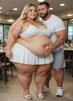 (masterpiece, best quality), (location is a McDonald’s restaurant), (standing), (1 fat woman + 1 muscular men), ((A very lush and voluptuous very beautiful short Swedish 20-year-old chubby girl with small petite breasts and a very pretty chubby face and very long blonde hair wearing a white tennis skirt and white top and high heels:1.2)), ((tall handsome athletic muscular man with a big beard behind the women who grabs on her lovehandles:1.6)), very realistic blue eyes, (bronze tanned skin:1.4), lips parted, perfect heavy sexy bimbo makeup, juicy red glossy lips, ((fertile goddess)), (small soft natural teardrop breasts:1.2), (fat girl:1.4), (morbidly obese girl:1.4), (fat creases on Belly:1.4), (fat rolls:1.4), (thick chubby lovehandles:1.2), (wide hips:1.2), (fat bubble butt:1.2), (chubby thighs:1.2), (chubby belly:1.2), (chubby girl:1.4), (very chubby face:1.6), (very chubby cheeks:1.6), (chubby neck:1.2), (chubby arms), seductive eyes, sexy head-tilt, captured with a Leica M10, Leica Summilux 50mm f/1.4 lens, sharp focus, best shadow, score_9, score_8_up, 8K, UHD, clear image, extremely sharp, extremely detailed, extremely intricate detail, high res, ultra-high-definition, highly detailed, ultra-sharp textures, finely detailed, perfect skin texture, hyperrealistic lighting, professional photography, full dynamic range, deep contrast, high clarity, realistic depth of field, HDR, perfect exposure, smooth gradients, volumetric lighting, natural reflections, ultra-fine details, realistic skin pores, individual hair strands, bokeh, soft shadows, color-graded, NEGATIVE_HANDS, igbebe, <lora:attractive_notrigger:1.8>, <lora:IG_Babe:1.9>, <lora:DetailedEyes_V3:2>