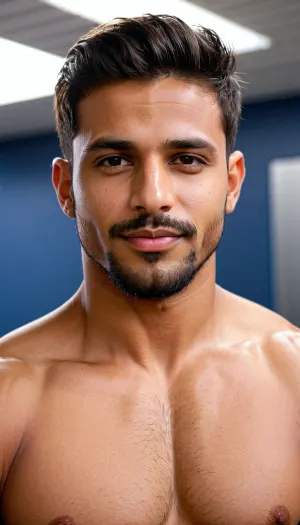 Athletic mesomorphic, broad shoulders, defined arms and biceps, defined strong legs Trim, waist, low fade mid fade sides, lineup shape up in the front, sharp edged fore headline, short even textured top, taper, cleanly around the ears, and neck line, short, well groomed, stubble, even thickness, not patching a 0.5 to one guard beard, a short shaped goatee that connects to a thin mustache like double stronger hair on the chin, giving it a defined goatee, eyebrows are medium, thick with a natural arch toward the outer end, looking very groomed, pointing his large circumcised penis at viewer in a low camera angle actions scene, and big smile, desi Indian ethnicity, nice biceps, enormous juicy ass, excessive sweat, 8K, HD, amazing quality, (photorealistic:1.2), masterpiece, best quality, hyper detailed, ultra detailed, Seductive eyes, masculine, short haired face, bigger areolas, foreground objects dust and volumetric lighting, low cinematic lighting, realistic anatomy, airport tsa line, Full body view, <lora:!action-sdxl-V0.5:1>, <lora:xpenis-1.5e:1>, <lora:SDXLHighDetail_v6-000005:1>