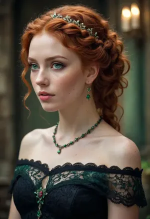 photograph, digital art, fantasy style, beautiful red-haired woman, long curly hair, braided crown, fair skin, freckles, green eyes, delicate features, wearing black off-shoulder dress with lace trim, beaded necklace, ornate earring, looking over shoulder, soft light, dark textured background, ethereal, fantasy character, intricate hair details, realistic texture, fantasy portrait, romantic, mystical, detailed, elegant, soft focus, dreamy atmosphere. /©KlTTY-ART/