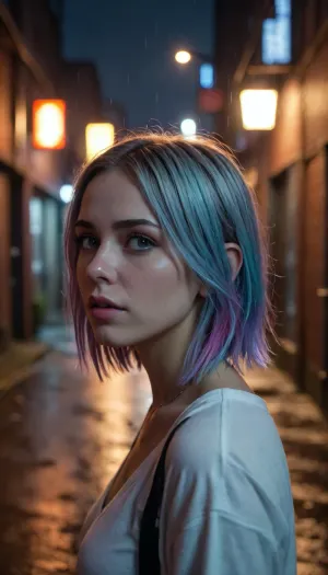 dark scene, dark alley, stray, at night, spare lights, raining, wet, realistic, 8k ultra details, augmentation, light neon colored hair, looking over shoulder, 3/4 view