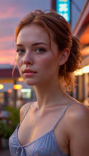 A beautiful English woman, graceful, outside a neon diner at night all bathed in the warm golden hues of a breathtaking sunset, the sky has a blue pink orange and red tones with dramatic clouds. viewed from below, low camera angle, dynamic angle, (perfect face:1.5), (perfect nose:1.5), wearing a sleeveless dress with spaghetti straps, delicate fabric flowing in the soft evening breeze, gentle sunset light, smart auburn hair tied into a loose bun, sun-kissed skin, tan lines, 35 years old looking at the camera. Full body view, hair pulled back into a short, ponytail, slicked back hair. She looks lovingly at the person behind the camera. It is a summer evening and the scene is bathed in neon light, which reflects of the wet ground. It is hot and she is sweating profusely her skin is glistening. She looks down at the camera. She in painfully thin.
Hollywood ‘A lister’.
Auburn hair, you’re able to see her skin hairs and follicles. braless, Wearing, clothes, that, make, sense, with, Braless>, ashlynn_spektre_xl, a, photo, of, in, the, style, liam-wong, <lora:Midjourney Image Enhancer XL v1:1.5>, <lora:bralessSDXL_v1_00022:1.3>, <lora:detailed_notrigger:1.5>, <lora:()Ashlynn Spektre XL:1.8>, <lora:liam-wong-sdxl-v1-000064:2>