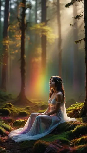 A stunning nude 22 years old woman in sexy white semi-transparent negligee, wild dark hair fearless and full of life, (she takes a seat on thick, soft, moist moss:1.3), (she lasciviously opens her legs and exposes her vagina:1.2), (ready to surrender to physical love on the cozy, fresh moss:1.3), yearning, over the moss, a vast, ancient Scandinavian forest at dawn, filled with deep green moss, towering pines, mist drifting between the trees, (the whole forest glows in a magical light:1.7), (rainbow-colored light breaks through the canopy:1.5), as if she belonged to the forest, the wind catching her hair., in the heart of an ancient, enchanted forest, The atmosphere is filled with a sense of peaceful anticipation, a moment of pure, youthful magic.This scene is rich in detail, capturing the essence of first love, the excitement of the unknown, and the timeless beauty of nature, all bathed in an epic, cinematic glow, (maximum photo quality:1.4), (maximum resolution:1.5), 8k, perfect tealistic photo, neon_style, saturated, colors, High detail, excellent image quality, DonMSp3ctr4lXL, mad-2cbrrm, mad-1cbrrm, <lora:BUT_SDXL_SHS:.4>, <lora:MJ52:.8>, <lora:DonMSp3ctr4lXL-000008:1.3>, <lora:Neon_Cyberpunk_Cyberarm_SDXL:1.3>