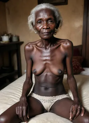 Extremely old homeless and destitute Congo Granny, (((99yo granny))), from darkest Congo, Skeletal thin body and small flat saggy breasts, full body image, (((darkest ebony skin:1.6))), 45' vew, stitting in a hut bedroom with legs splayrd wide apart, she is wearing see through lace lingerie, old torn bra, black nipples, bright lighting