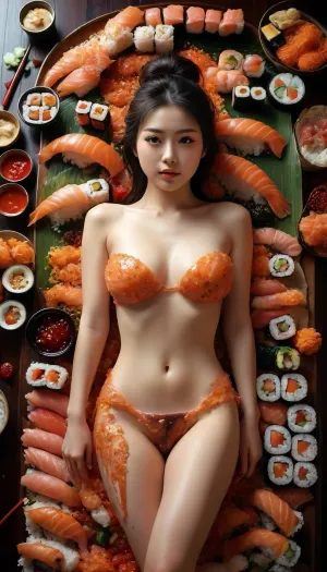 Japanese girl laying in sushi feast, full body view, skimpy sushi clothing, sushi surrounding her, sushi all over her body, sexy sushi girl, masterpiece, best quality, 1, <lora:MJ52:.9>