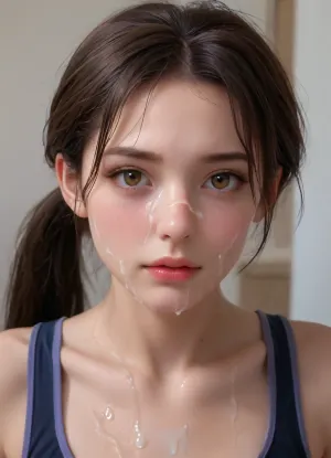 Ultra-realistic portrait, ((macro Closeup bukkake face)), camera very very close to face, of a athletic, slender natural beauty supermodel with pale skin drenched in semen from face to body, long dark brown hair styled in a thick ponytail, black hair tie, brown eyes, and subtle, decent makeup. Her face is softly oval, framed by natural brows and a Apologetic, regretful face expression, thick semen is Apologetic from her lips, she has several shots of Cum semen on her face, The scene is set in a stylish, avant-garde urban workout gym lounge with innovative architecture, 8k., facialized, superfacialized, bukkake, <lora:facialized:.8>, <lora:JustCum:.8>, <lora:cum_in_eye_deepmind:.8>