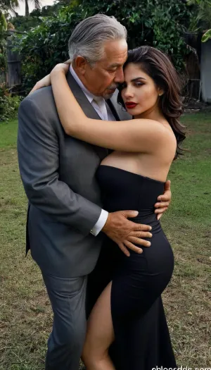 polaroid, one old man, Paulina Gaitan black strapless dress, 25yo Latina, thin woman, glamour make-up, sexy pose, dark red lipstick, sensual atmosphere, outdoor, hug a old fat man, well dressed old man wearing formal suit, hyper realistic photo, full hd, 8K