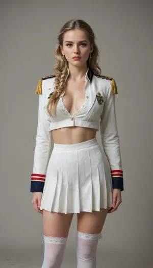 Alpha 1918 An unbuttoned girl with very long and white fluffy wavy hair, red eyes in a white imperial uniform with blue inserts, a St. George's cross around her neck, with magnificent epaulettes, aiguillettes, braid, a double-headed eagle on a hairpin Alpha
realism, photography
High boots, short white pleated skirt, white stockings