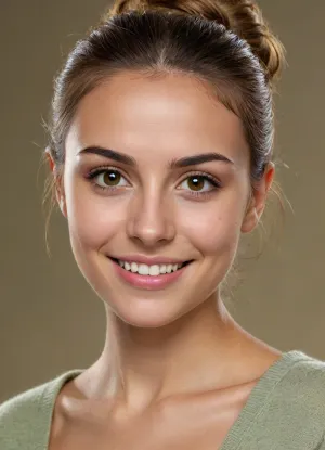 Ultra-detailed photorealistic portrait of a 28-year-old Israeli woman, 100% text-only reconstruction, warm medium-light olive skin with subtle golden Mediterranean undertone and natural glow, extremely fine pores, almost invisible faint freckles only across upper nose bridge, perfectly symmetrical soft oval face with gentle feminine contours, moderately high but very soft rounded zygomatic bones, (prominent yet not sharp or Slavic-looking), narrow straight nasal bridge with tiny barely visible dorsal bump and very gently upturned tip, soft rounded chin with minimal forward projection, very soft 128–132° jaw angle, (almost no definition), large expressive almond-shaped medium-dark warm brown eyes with subtle golden-hazel flecks, (not black, not light, not blue/gray/green), thick natural black upper lashes and medium lower lashes, thin naturally arched medium-dark brown eyebrows with very gentle curve, wide genuine open smile showing both rows of teeth, perfectly straight bright white teeth with tiny natural 0.6–0.8 mm diastema between upper central incisors, slightly visible canines, full natural rosy-pink lips with defined cupid’s bow and noticeably fuller lower lip, small dark beauty mark 3–4 mm directly below outer corner of right eye, barely visible tiny mole on left side of philtrum, medium-dark chocolate brown hair, (level 4.5–5), with warm natural highlights, slightly messy high bun with visible texture and soft little hairs on forehead and temples, several loose wispy strands framing face and neck, ultra-thin simple gold hoop earrings 10–11 mm, minimal natural makeup, (mascara + clear gloss only), joyful confident expression with raised cheeks, soft laugh lines and very subtle crow’s feet when smiling, athletic but feminine hourglass body, full natural perky C-cup breasts with realistic weight and slight natural slope, narrow but soft waist, completely flat toned stomach with very faint natural abs, wide feminine hips, round firm lifted buttocks, long toned legs, even light tan all over, soft natural front-left window light, hyper-realistic skin texture with microscopic peach fuzz, 8k resolution, shot on 85mm lens, shallow depth of field, (face exact likeness:1.8), (medium-dark warm brown eyes with golden flecks:1.8), (tiny diastema + wide open natural smile:1.8), (soft feminine cheekbones and very soft jaw:1.75), (warm olive skin tone accuracy:1.75), (C-cup natural breasts + feminine curves:1.6), (slightly messy bun with little hairs:1.65), (exact beauty mark position:1.7)