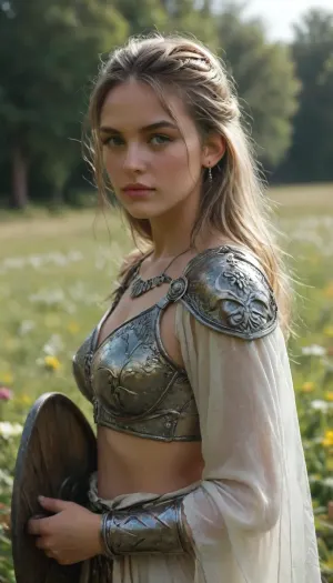 a field of wildflowers, in the center of the field stands a Viking shield maiden, her platinum blonde hair flowing in the gentle breeze, her green eyes fierce and unyielding, she wears a suit of low cut skimpy armor, the metal gleaming in the sunlight, flowers in her hair, her shield is adorned with intricate carvings of dragons and serpents, she's holding a sword in one hand, <lora:lora-sdxl-perfect-eyes:2>, <lora:sydney_lora_sdxl_v1-000008:2>, <lora:MJ52:2>