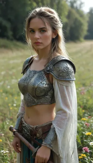 a field of wildflowers, in the center of the field stands a Viking shield maiden, her platinum blonde hair flowing in the gentle breeze, her green eyes fierce and unyielding, she wears a suit of low cut skimpy armor, the metal gleaming in the sunlight, flowers in her hair, her shield is adorned with intricate carvings of dragons and serpents, she's holding a sword in one hand, <lora:lora-sdxl-perfect-eyes:2>, <lora:sydney_lora_sdxl_v1-000008:2>, <lora:MJ52:2>