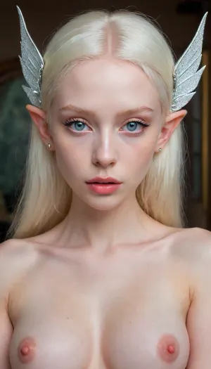 ZipRealism, (avant-garde high fashion esthetic, high saturation, high contrast, closeup:1.4), (silver-blonde hair, hair glow, tiara:1.2), (fashion pose, glamor shot, regal), (elf queen, pointy ears, fairy wings, pale skin, albino, light eyebrows, white mascara, white eyeliner:1.4), (thin body, model body, angular features, chiselled cheekbones, long face), (focus on eyes, expressive eyes, enchanting eyes, Fae eyes, catchlights, limbal rings), (topless, pale nipples, soft breasts:1.6), (ring lighting, analog lens), igbaddie, <lora:igbaddie-XL:.8>