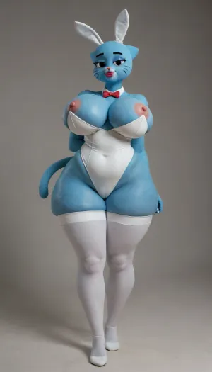 The Amazing World of Gumball, Nicole Watterson, blue cat, cat tail, cat ears, blue skin, cartoon, cartoon face, furry, attractive girl, huge hips, huge breast, pretty, juicy lips, full-length, Full-body playboy white rabbit costume, (white tights), (cellulite), ((massive ass)), Nipples are visible, The suit is very tight