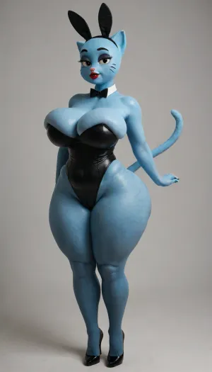 The Amazing World of Gumball, Nicole Watterson, blue cat, cat tail, cat ears, blue skin, cartoon, cartoon face, furry, attractive girl, huge hips, huge breast, pretty, juicy lips, red lipstick, full-length, Full-body playboy rabbit costume, black tights, (cellulite), black makeup, ((massive ass))