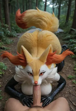 ((Anthro, braixen from pokemon)), 5 fingers, anthro, anthrofied, big breasts, ass, thighs, skinny body, red eyes, (glossy glistening body, shiny fur, shiny breasts:1.25), (arm gloves), breasts, dark forest, night, claws, female, finger claws, fingers, fur, deepthroat, (high view, male pov:1.1), looking at viewer, (((furry art, furry woman))), <lora:add-detail-xl:1.6>
