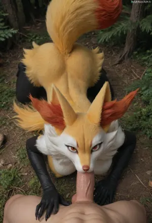 ((Anthro, braixen from pokemon)), 5 fingers, anthro, anthrofied, big breasts, ass, thighs, skinny body, red eyes, (arm gloves), breasts, dark forest, night, claws, female, finger claws, fingers, fur, ((deepthroat:1.3)), (above view, male pov:1.1), looking at viewer, (((furry art, furry woman))), <lora:add-detail-xl:1.6>