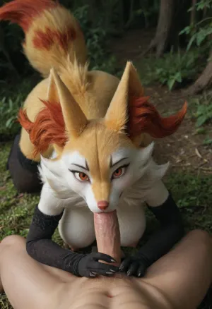 ((Anthro, braixen from pokemon)), 5 fingers, anthro, anthrofied, big breasts, ass, thighs, skinny body, red eyes, (arm gloves), breasts, dark forest, night, claws, female, finger claws, fingers, fur, deepthroat, (above view, male pov:1.1), looking at viewer, (((furry art, furry woman))), <lora:add-detail-xl:1.6>