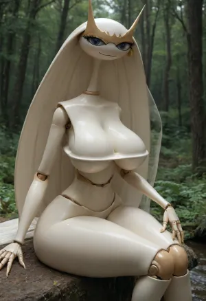 ((anthro, pheromosa from pokemon:1.3)), 5 fingers, anthro, anthrofied, big breasts, Big ass, Big thighs, (bug joints), breasts, dark forest, night, claws, female, finger claws, fingers, (sitting, front angle view), looking at viewer, <lora:add-detail-xl:1.6>