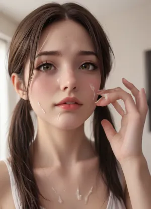 Ultra-realistic portrait, ((macro Closeup bukkake face)), camera very very close to face, of a athletic, slender natural beauty supermodel with pale skin drenched in semen from face to body, long dark brown hair styled in a thick ponytail, black hair tie, brown eyes, and subtle, decent makeup. Her face is softly oval, framed by natural brows and a Apologetic, regretful face expression, thick semen is Apologetic from her lips, she has several shots of Cum semen on her face, The scene is set in a stylish, avant-garde urban workout gym lounge with innovative architecture, 8k., bukkake, <lora:puppernova-v1:2>