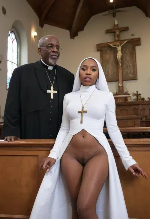 Hard sex scene, two hot ebony nuns, (pulled up dress to expose naked pussy), (black), huge fat round ass skinny waist huge fat ass extra thick big lips Lady fucking with the church priest, (old black priest man), hardcore, hot sex scene, (nun outfit exposing tits and ass), (priest old man:1.6), old church priest, (dressed in formal priest outfit), fucking lady big cock, big balls, big boobs, nice pussy, hard fuck, on bench in church, cinematic, (interracial), (gangbang), (looking up at a cross in the church)