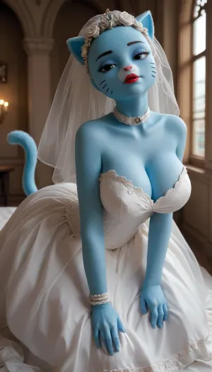 The Amazing World of Gumball, Nicole Watterson, blue cat, cat tail, cat ears, blue skin, cartoon, cartoon face, furry, attractive girl, huge hips, huge breast, pretty, juicy lips, red lipstick, generous cleavage, full-length, The bald one, wedding outfit, shows his ass, doggy style pose, ((massiv ass))