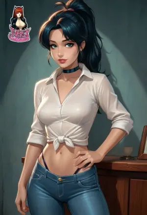 (((Reiq style))), ratatatat74, a mother, white blouse, choker, jeans, ponytail, black hair, smile, blush, hand on hip, midriff, detailed shadows, (knotted shirt), toned, simple background, highleg panties, tattoo, Perfect Hands, score_9, score_8_up, score_7_up, <lora:ratatatat74-000050:1.1>