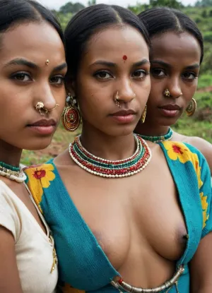 3 young native Women of Ruanda, (((nose rings))), sagging breasts, small breasts, ((Paul Gauguin)), colorful woolen dress, young woman, piercing, ring, <lora:sagging-000015:1.4>, <lora:nippleRing:1.7>