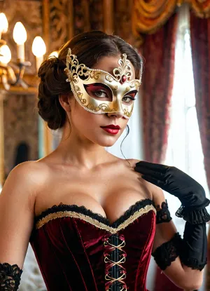 (Hyperrealistic 8k, stunning 25-year-old Venetian courtesan, wearing an elaborate filigree half-mask, perfectly crafted eyes, with large breasts and wide hips, and a textured red velvet corset with details that accentuate her figure, lace gloves, and a large mirror. A profile view, illuminated by golden hour lighting, highlights the dress and face, with details of the dress, corset, and mask bathed in golden light. The woman is preparing for the Venetian carnival in an opulent 18th-century bedroom. A Venetian woman prepares for carnival in Venice, with no noise or distortion, sharp bodies, and in focus.)