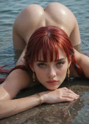 score_9, score_8_up, score_7_up, score_6_up, score_5_up, score_4_up, Expressiveh, 1dk, d3t41l3d, Beuty, BREAK 1girl, solo, long hair, looking at viewer, bangs, red hair, low twintails, yellow eyes, jewelry, ass, earrings, blunt bangs, water, bracelet, lips, wet, makeup, lipstick, partially submerged, top-down bottom-up