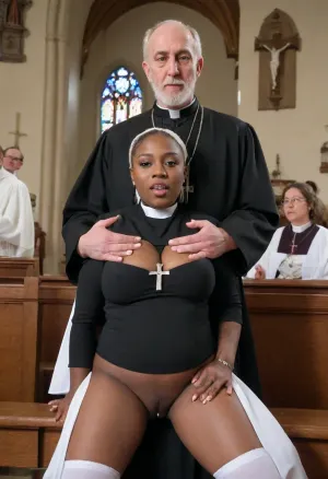 Hard sex scene, two hot ebony nuns, (pulled up dress to expose naked pussy), (black), huge fat round ass skinny waist huge fat ass extra thick big lips Lady fucking with the church priest, (old black priest man), hardcore, hot sex scene, (nun outfit exposing tits and ass), (priest old man:1.6), old church priest, (dressed in formal priest outfit), fucking lady big cock, big balls, big boobs, nice pussy, hard fuck, on bench in church, cinematic, (interracial), (gangbang), (looking up at a cross in the church)