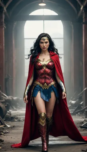 Wonder woman, post-apocalyptic steampunk Asian, steampunk Wonder woman, long red cape.