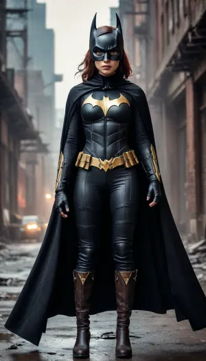 Batgirl, post-apocalyptic steampunk Asian, steampunk Batgirl, long black cape.