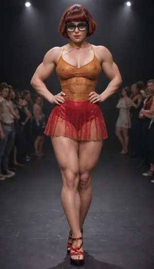 004, (velma dinkley:2), (The image depicts velma dinkley walking down the runway at a fashion show, exuding a glamorous and high-fashion vibe., (Velma is wearing a unique, eye-catching haute couture outfit that combines opulence with an avant-garde edge.), .), (haute couture dress:1.5), .

velma is dressed in a sheer, netted bodysuit adorned with shimmering silver fringe that cascades down from her hips, adding movement and sparkle to her ensemble. The outfit is revealing, showcasing her figure with the netting design and the sparkling details catching the light.

Over the bodysuit, velma wears a large, fluffy cream-colored fur coat that adds an element of warmth and luxurious texture to the look, contrasting with the more delicate, sparkly parts of her attire. velmas accessories include a gold, cylindrical clutch, further enhancing the sophisticated, chic aura of the outfit. On her feet, velma wears delicate strappy sandals that are simple yet elegant, complementing the overall glamorous theme of the look.

The lighting on the runway is dramatic, with a spotlight casting a striking shadow behind her, emphasizing the high-fashion atmosphere of the scene., The image shows a muscular woman with a well-defined physique, demonstrating an impressive level of muscularity. velmas body is highly toned, with prominent muscles across her arms, shoulders, and torso. The definition of her abdominal muscles and strong leg muscles suggests that she has undergone extensive physical training, likely involving weightlifting or bodybuilding. bulky, relief, (muscles:1.5), wearing, Haute_Couture, designer, dress, (muscle_bimbo:1), bodybuilder, woman, muscular, extrmusc, <lora:Jean_Paul_Gaultier_Haute_Couture_SDXL:2>, <lora:Haute_CoutureXL:1.9>, <lora:Muscle_Bimbo_SDXL:2>, <lora:SDXL_MuscleFemaleLORA_v1:2>, <lora:ExtrMusc:2>
