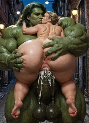 (UHD:3), small dark alleyway at night, naked, 18yo, BBW blonde twintails, (very chubby:1.4), narrow hips, massive height difference, (green huge hulk from Marvel Comics hyper cock:1.6), (very fat venus body), (carried 69 from behind the hulk from Marvel Comics), deep in vagina, dick in vagina, manhandled, (stretches the vagina:1.1), (cum in pussy:1.8), kissing, <lora:LCMTurboMix_Euler_A_fix:.8>